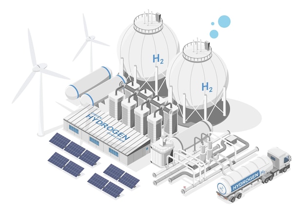 Vetor conceito simples de usina de hidrogênio verde com célula solar e energia de turbina eólica para semi caminhão h2