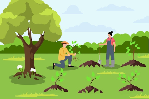 Conceito social de caridade voluntária Voluntários plantam árvores no parque da cidade Os jovens se preocupam com o meio ambiente na natureza para tornar o ambiente mundial mais verde