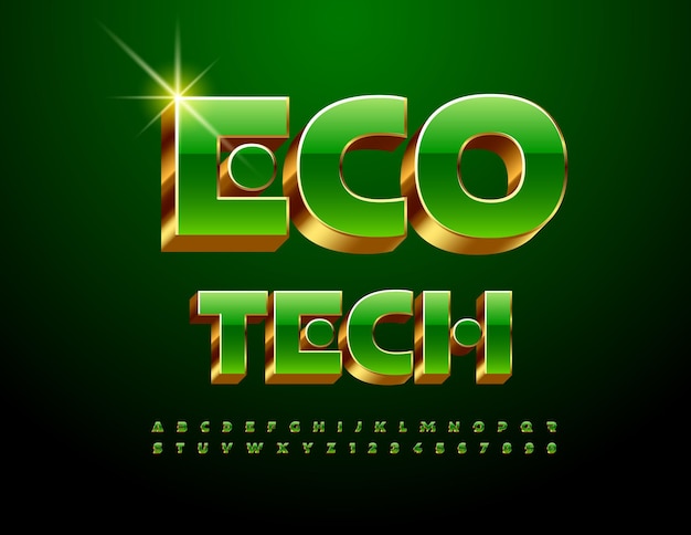 Conceito único de vetor eco tech com fonte verde e dourada 3d set único de letras e números do alfabeto