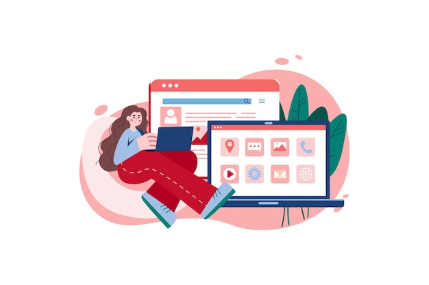 Conceito vermelho de desenvolvimento de aplicativos com cena de pessoas no design plano de desenho animado Trabalho de funcionário