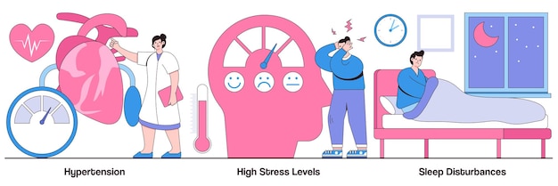 Conceitos de distúrbios do sono de níveis de estresse de hipertensão com personagens de pessoas pacote de ilustração vetorial abstrata de problemas de saúde urbanos