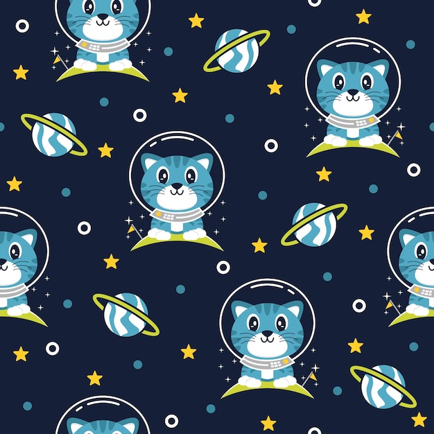Conceitos de fundo padrão na moda dos desenhos animados de gato astronauta.