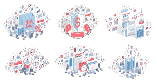 Conceitos de negócios e finanças Ilustrações vetoriais 3D isoladas em fundo branco Tema de dinheiro Design conceitual Coleta de poupança Contrato bancário Segurança de renda on-line