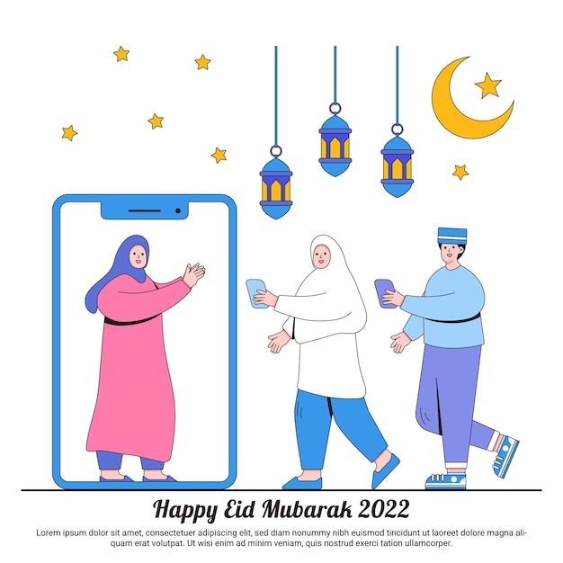 Conceitos de saudação felizes do Ramadã Mubarak com a lua da estrela da lanterna e a chamada de vídeo dos personagens da família muçulmana usando o smartphone Ilustrações islâmicas do eid Fitr para a promoção de anúncios de modelo de página de destino na web