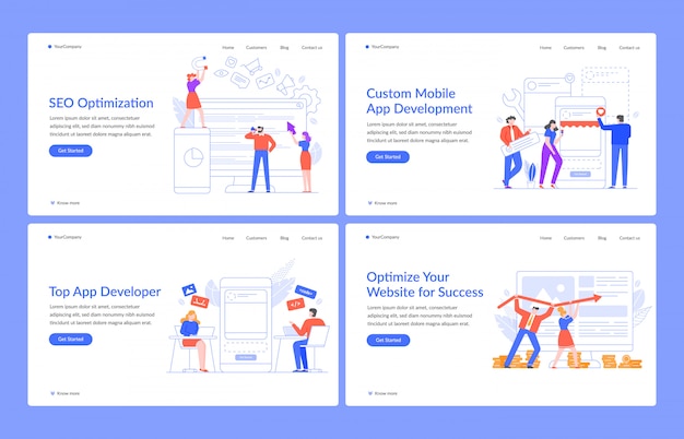 Conceitos inovadores da web. soluções de site, seo e aplicativos móveis com modelo de página de destino de ilustração de pessoas modernas. desenvolvimento e otimização de programas. layout da página inicial da interface do usuário, ux