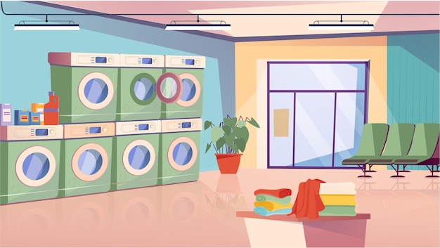 Vetor concept laundry um fundo projetado em desenho animado com uma lavanderia com roupas de máquinas de lavar