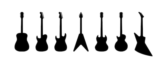 Concerto de música de silhuetas de conjunto de guitarra Vector ilustração isolada plana