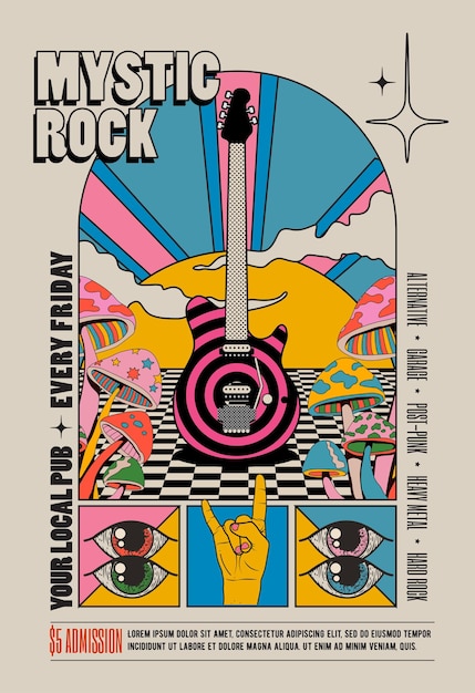 Vetor concerto de rock psicodélico com estilo vintage retrô ou panfleto de festival ou modelo de design de pôster