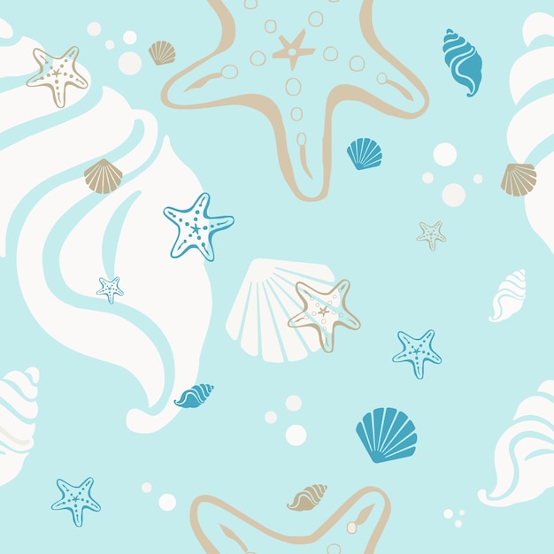 Conchas de praia e estrelas padrão seamless férias de verão fundo