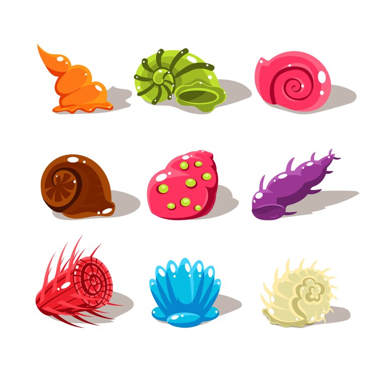 Vetor conchas do mar dos desenhos animados. conjunto de ilustração
