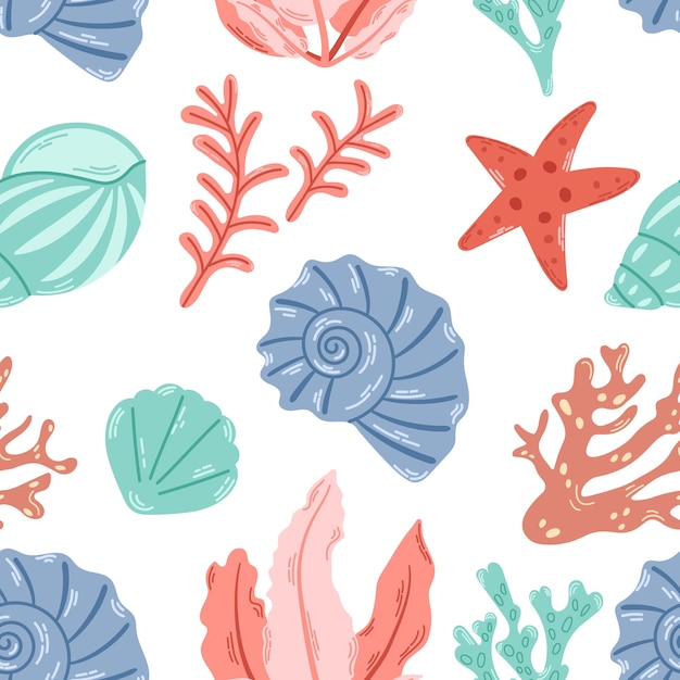 Vetor conchas marinhas, algas marinhas e estrelas do mar padrão perfeito fundo do oceano para tecidos têxteis de verão
