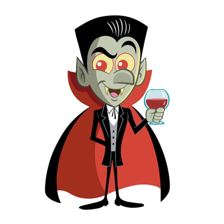 Vetor conde drácula engraçado com um copo de sangue na mão