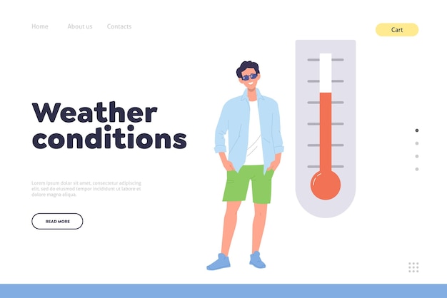 Condições climáticas para o modelo de página de destino homem feliz desfrutando de alta temperatura em casa ou escritório design de ilustração vetorial casa apartamento e espaço de trabalho vivendo regulação e ajuste climático