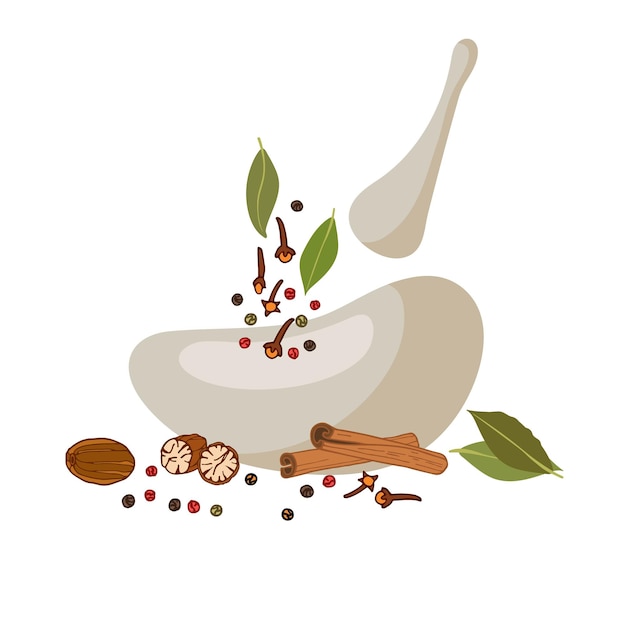 condimento quente picante para cozinhar cerâmica ou pedra argamassa e pestilha com especiarias produto orgânico plano ingredientes de cozinha sabor clove mistura de especiarias pimenta milho perfumado noz-moscada folha de baía canela
