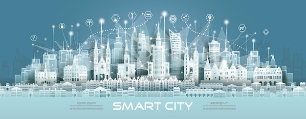 Ícone de comunicação de rede geométrica de malha sem fio de tecnologia cidade inteligente com arquitetura em Varsóvia, Polônia na europa para tecnologia de banner de design Arquitetura de rede sem fio de cidade verde na Polônia