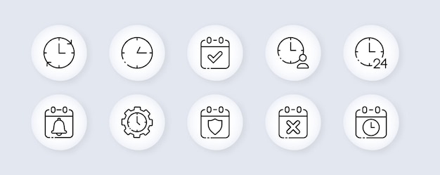 Ícone de conjunto de relógio de parede Hora do calendário do relógio de pulso 24 horas por dia, 24 horas por dia, 7 dias por semana, gerenciamento de tempo Conceito de pontualidade Estilo de neomorfismo Ícone de linha vetorial para publicidade
