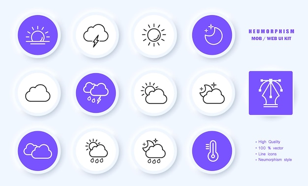 Ícone de conjunto de tempo Sol pôr do sol trovoada relâmpago nuvens lua noite dia temperatura da chuva Conceito climático Estilo neomorfismo Ícone de linha vetorial para negócios e publicidade