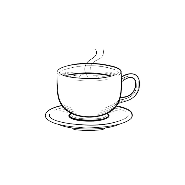 Ícone de doodle de contorno desenhado de mão da xícara de café. Pires e xícara de café desenho ilustração vetorial para impressão, web, mobile e infográficos isolados no fundo branco.