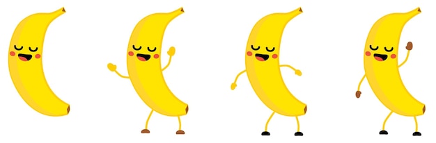 Ícone de fruta banana estilo kawaii bonito, olhos fechados, sorrindo com a boca aberta. Versão com as mãos levantadas, abaixadas e acenando.