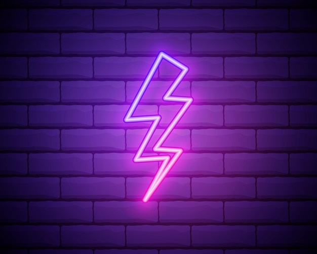 Ícone de néon de energia elétrica roxa e violeta Ilustração em vetor de sinal elétrico de néon roxo e violeta que consiste em contornos de néon com luz de fundo no fundo da parede de tijolos escuros