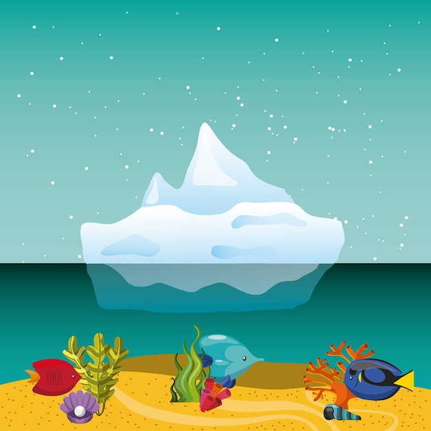 Ícone de peixes e iceberg tropicais.