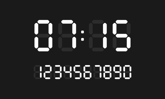 Ícone de relógio digital. Conjunto de números de cálculo digital. Vetor em fundo preto isolado. EPS 10.