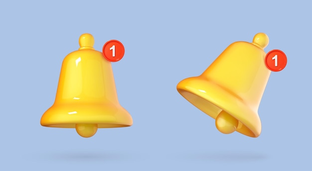 Ícone de sino de notificação 3D isolado em fundo azul Sino de toque amarelo com nova notificação para lembrete de mídia social ilustração vetorial de desenho animado 3d