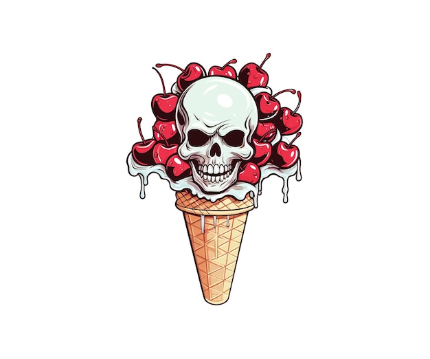 Vetor cone de sorvete com um crânio e cereja desenho de ilustração vetorial