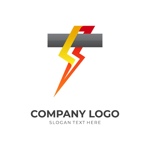 Ícone de tempestade, trovão e letra T, logotipo de combinação com estilo colorido 3D