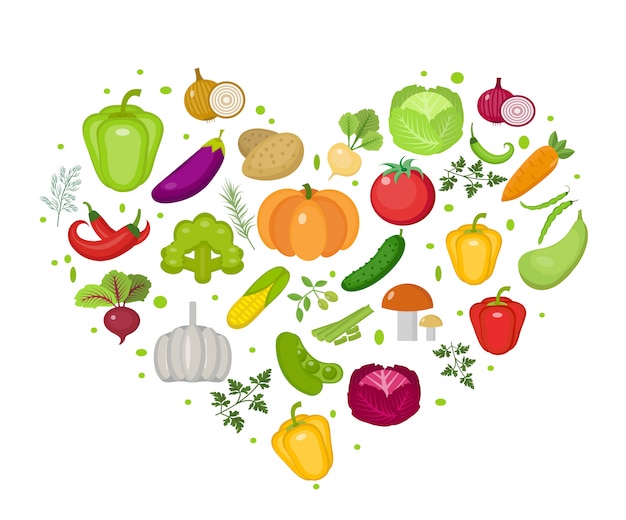 Ícone de vegetais em forma de coração. Estilo simples. Isolado no fundo branco. Estilo de vida saudável, vegan, dieta vegetariana, comida crua. ilustração.