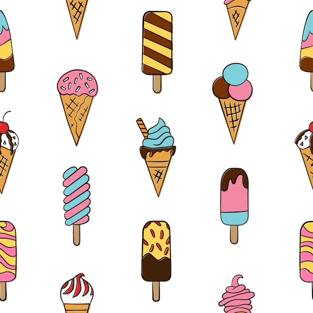 Cone de waffle de esquimó de sorvete padrão sem costura em estilo doodle e desenho animado em fundo branco ve