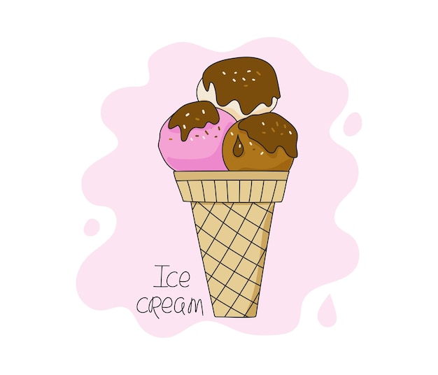 Cone de waffle de sorvete multicolorido Desenho Doodle desenho de ilustração banner de cartaz