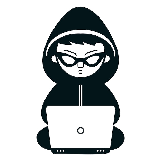 Ícone preto de um hacker em uma máscara com um laptop