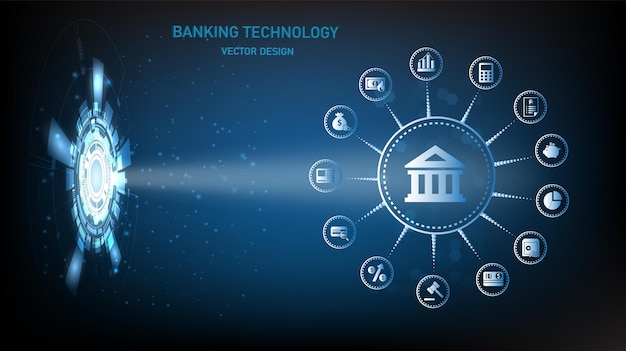 Ícone Tecnologia de todos os serviços bancários. Operações de caixa. Cartões de pagamento. Ilustração vetorial