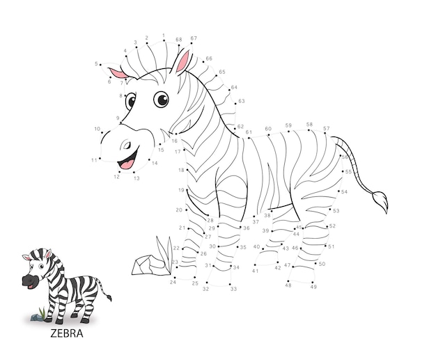 Conecte o jogo de números de jogo ponto a ponto desenhe uma ilustração vetorial de linha de jogos educativos de zebra fofos para crianças