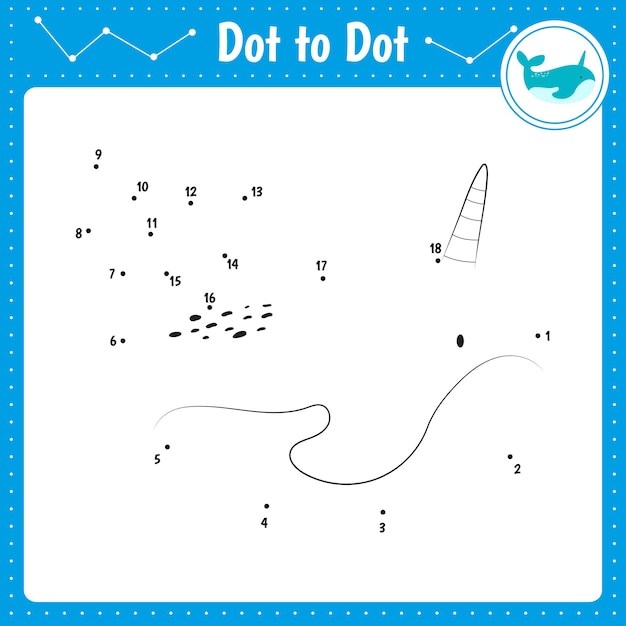 Conecte os pontos narwhal dot to dot jogo educacional livro de colorir para planilha de atividades para crianças