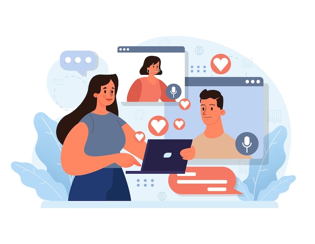 Conectividade no local de trabalho através da tecnologia Mulher se envolve em colaboração virtual destacando