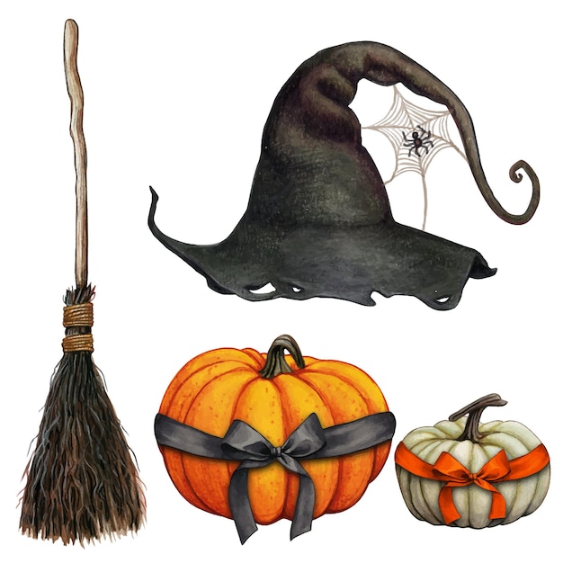 Ícones com tema de bruxa de halloween desenhado à mão em aquarela