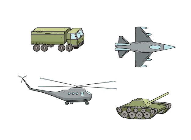 Ícones de cores de rabiscos militares Ilustração vetorial de um conjunto de transporte de guerra e aviação