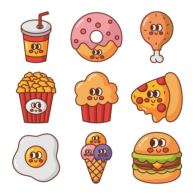 Ícones de desenhos animados de fast food Kawaii