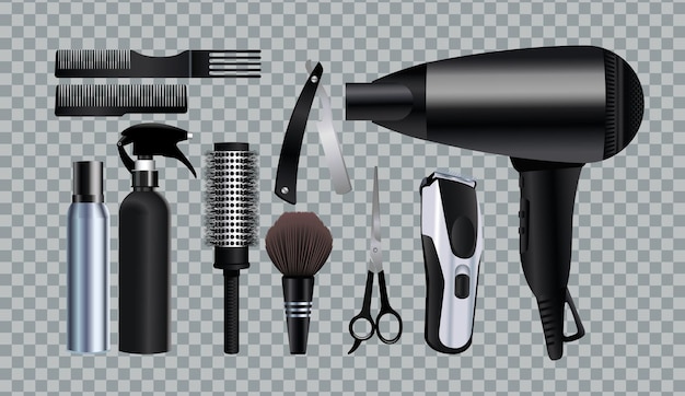 Ícones de equipamentos de ferramentas de cabeleireiro em ilustração de fundo cinza