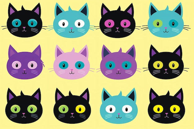 Ícones de gatos pretos Rostos bonitos