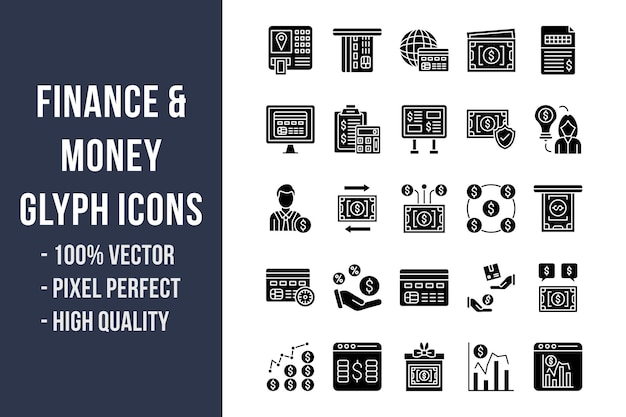 Ícones de glifos de finanças e dinheiro