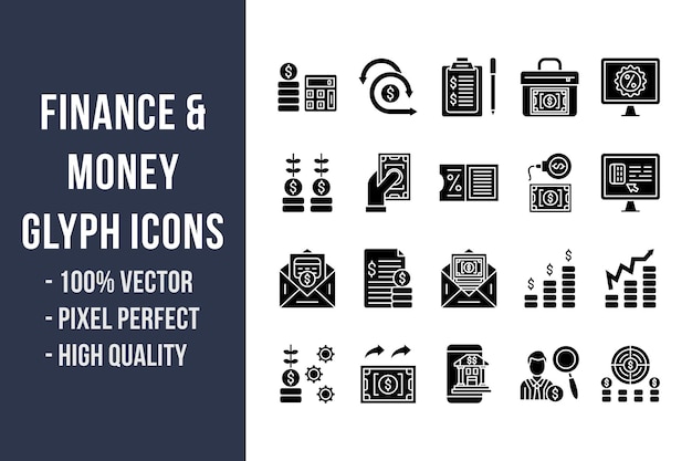 Ícones de glifos de finanças e dinheiro