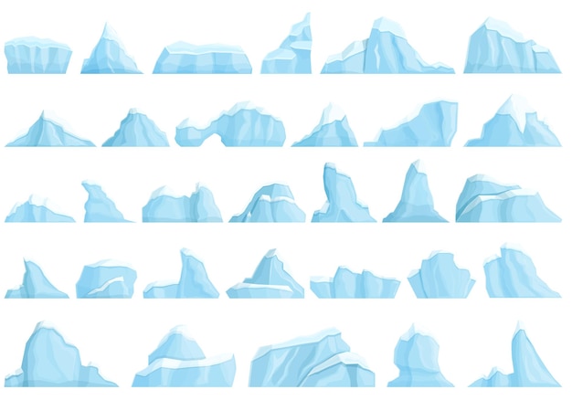 Ícones de iceberg definir vetor de desenho animado. Inverno derretendo