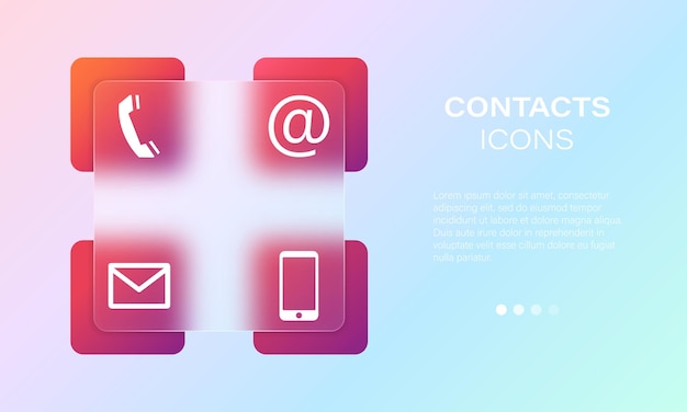 Ícones de morfismo de vidro de contatos Símbolos de comunicação de correio telefônico com efeito de morfismo de vidro realista