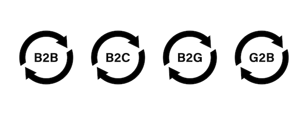 Ícones de negócios B2B, B2C, B2G, G2B em segundo plano. Conceito de marketing. ilustração vetorial