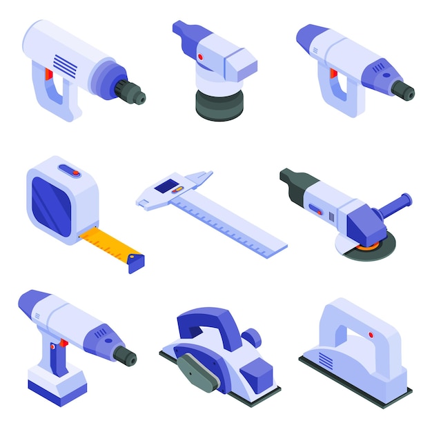 Ícones isométricos de ferramentas elétricas
