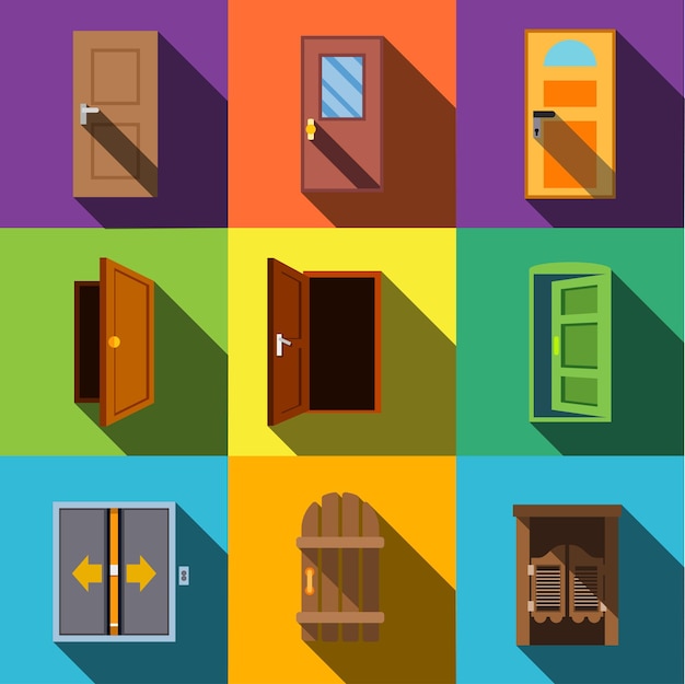 Ícones lisos do vetor da porta. Um conjunto de ilustração simples de 9 elementos de porta, ícones editáveis, pode ser usado no logotipo, interface do usuário e web design