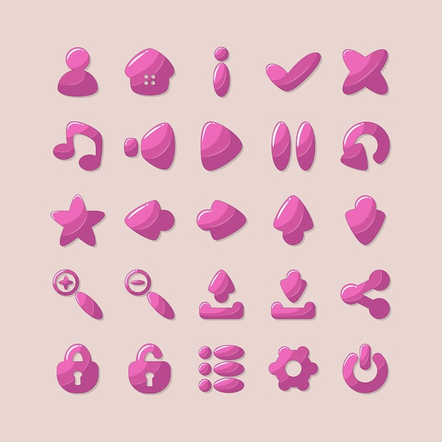Ícones para o design da interface de aplicativos e jogos na cor rosa.